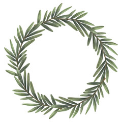 Naklejka na ściany i meble Watercolor wreath of green tropical branches. Hand painted floral circle border with tree branches isolated on white background. 