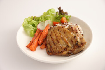 Grilled chicken with rice isolated in white background