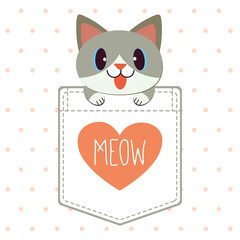 The character of cute cat in the pocket of shirt in flat vector style. illustation about cat for banner, greeting card,content,grahic.
