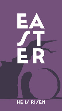  Easter greeting in tall social media size. Stylized image of empty tomb in purple hues symbolizing the resurrection of Jesus Christ.