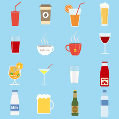 Big set of drinks, milk, juice, water, beer, wine, cocktail, coffee, tea. Vector illustration.