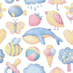 Childish seamless pattern with hand drawn cute elements animals, hearts, strawberry. ice cream. Watercolor kids background.