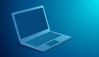 Futuristic glowing low-angle laptop isolated on a light blue background. Modern vector illustration of wire frame mesh design.
