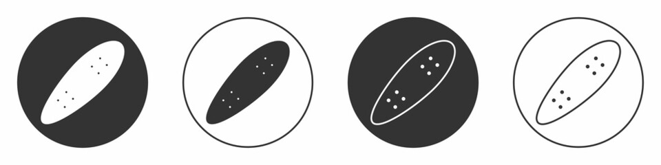 Black Longboard or skateboard cruiser icon isolated on white background. Extreme sport. Sport equipment. Circle button. Vector
