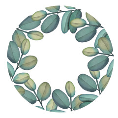 Watercolor frame of green tropical branches. Hand painted floral circle border with tree branches isolated on white background. 