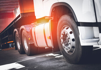 Semi Trailer Truck on the Parking. Truck Wheels Tires. Fuel Tank Truck. Industry Cargo Freight...