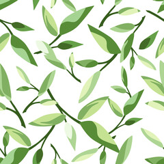 Vector seamless floral pattern with green leaves on a white background