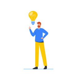Creative Idea Concept. Businessman Character with Huge Glowing Light Bulb Having Great Inspiration and Project Insight