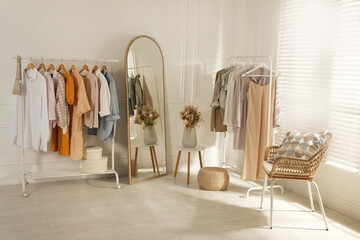Modern dressing room interior with stylish clothes and beautiful dry flowers