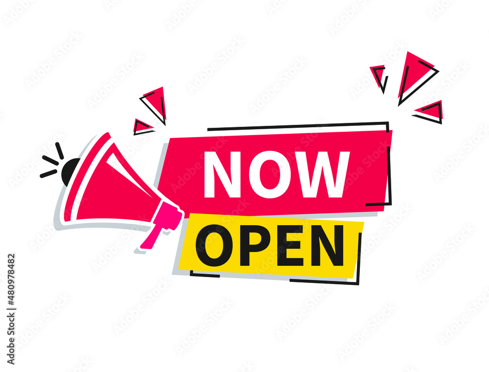 Aufkleber vector illustration red banner now open with megaphone. web element.