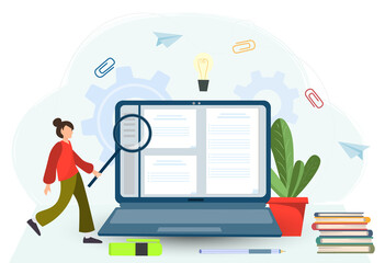 Young happy woman or girl holding magnifying glass and examining document at the screen of laptop, student searching information in the Internet, business analysis, audit, research concept 