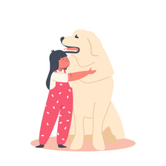 Love to Animals, Childhood Concept. Kid Girl Hug Huge Retriever Dog, Child Character Cuddle with Pet, Baby Embrace Doggy