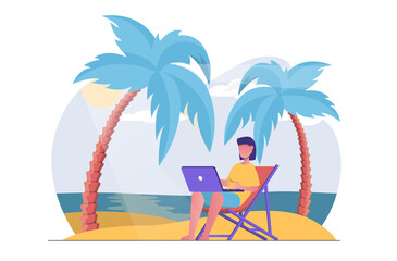 Freelance. Female freelancer on the beach working on a laptop