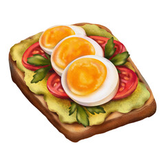 Watercolor avocado toast mith egg and tomato. Hand drawn watercolor illustration isolated on white background.