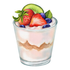 Watercolor fruit yogurt with strawberry, blueberry, kiwi. Hand drawn watercolor illustration.