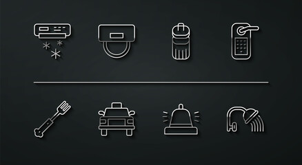 Set line Air conditioner, Fork, Digital door lock, Hotel service bell, Taxi car, Bellboy hat, Shower head and Trash can icon. Vector