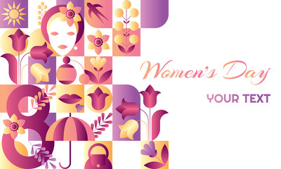 Greeting card for 8 March. Flat mosaic geometric pattern. Women's international day design.