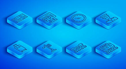 Fototapeta premium Set line Train ticket, Ticket office to buy tickets, station clock, traffic light, Cargo train wagon, conductor, Suitcase and Restaurant icon. Vector