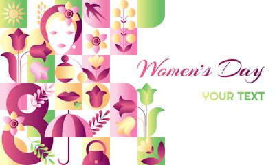Greeting card for 8 March. Flat mosaic geometric pattern. Women's international day design.