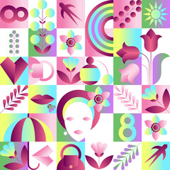 Seamless pattern for international women's day 8 march. Flat mosaic geometric pattern.