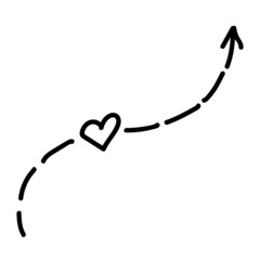 Linear doodle arrow with heart and dotted line. Love pointer, trajectory, like. Vector design element for social media, valentines day and romantic designs.