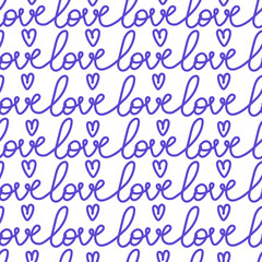 Love lettering seamless pattern isolated on white background for textile, wrapping paper, wallpaper. Modern typographic hand drawn doodle