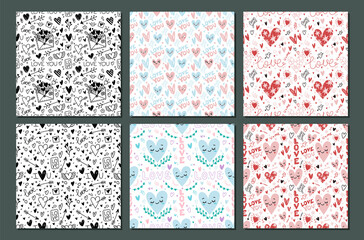 Valentine's day set of vector cute flat seamless patterns with love lettering, arrows and hearts pattern. Hand drawn doodle background collection for baby fabric, scrapbooking, textile