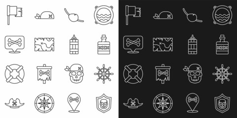 Set line Shield with pirate skull, Ship steering wheel, Alcohol drink Rum, Pirate eye patch, treasure map, Location, flag and Dynamite bomb icon. Vector