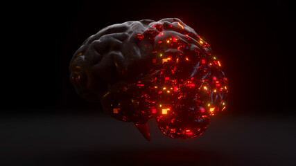 Futuristic concept. The glass brain emerges from a matte black shell. Red neon light. 3d Illustration