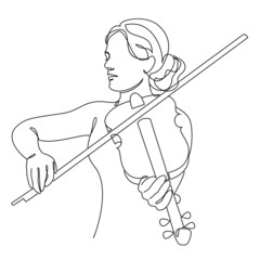 Silhouette of a beautiful woman with a violin in a modern continuous line style. Violinist girl, slender. Continuous line drawing, decor aesthetic outline, posters, stickers, logo. Vector illustration