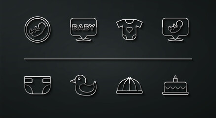 Set line Baby, absorbent diaper, hat, Rubber duck, Cake with burning candles and clothes icon. Vector
