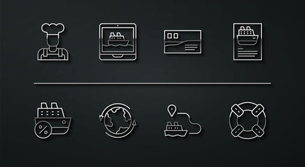 Set line Cook, Cruise ship, Ship line path, Worldwide, Lifebuoy and Postcard travel icon. Vector