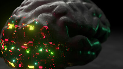 Futuristic concept. The glass brain emerges from a matte black shell. Green red neon light. 3d Illustration