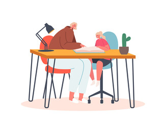 Kids Education Concept. Mother Help Daughter with Homework. Characters Parent with Child Sitting at Table Reading Book