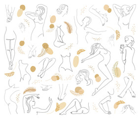 Collection. Silhouettes of the figure of a girl and a leaf of a plant in a modern one-line style. Solid line, aesthetic outline for home decor, posters, stickers, logo. Vector illustration set.