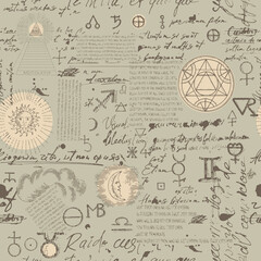 Abstract pattern of alchemical, esoteric, mystical symbols and unreadable handwritten scribbles. Seamless background with astrological icons and linear engravings with tarot card icons.