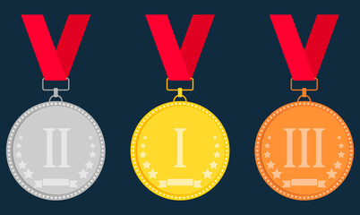 Sports medal, set of sports medals, gold, silver and bronze. Sports trophy. Cartoon illustration, vector.