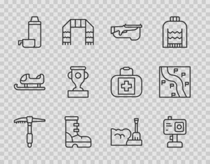 Set line Ice axe, Action camera, Biathlon rifle, Waterproof rubber boot, Thermos container, Award cup, Shovel snowdrift and Route location icon. Vector