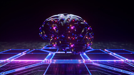 Futuristic concept. A glass brain floats above the surface. Microcircuits. Blue pink neon light. 3d Illustration