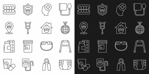 Set line Adult diaper, Walker, Disco ball, Male head with hospital, Crutch or crutches, Nursing home, False jaw and icon. Vector
