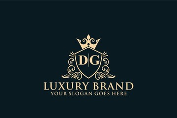 letter Initial DG elegant luxury monogram logo or badge template with scrolls and royal crown, perfect for luxurious branding projects	
