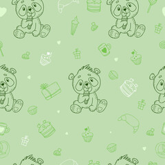 Seamless pattern with cute panda. bear with sweet tooth licks ice cream on light green background with sweets, cake and gifts. Vector illustration. Linear drawing in hand doodle style for design