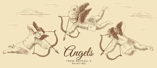 Fototapeta na wymiar Three little angels with wings are flying, holding a bow and arrows in their hands. From a painting by Raphael Santi. Italian Renaissance. Vintage brown and beige card, hand-drawn, vector. Old design.