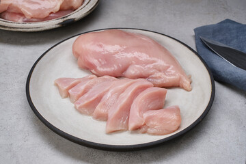 Raw fresh chicken meat. Raw chicken breast in a gray plate. Selective focus