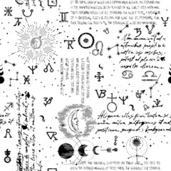 Abstract pattern of alchemical, esoteric, mystical symbols and unreadable handwritten scribbles. Seamless background with astrological icons and linear engravings with tarot card icons. - obrazy, fototapety, plakaty