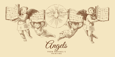 Fototapeta na wymiar Four little angels with wings hold open books in their hands. The dove of peace in the center. From a painting by Raphael Santi. Italian Renaissance. Vintage brown and beige card, hand-drawn, vector. 
