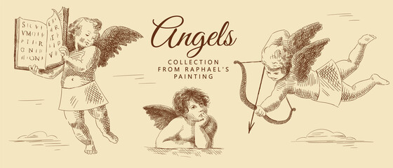 Collection of sketches of three little angels with wings, with book, with bow and arrow, a thoughtful angel. Vintage brown and beige card, hand-drawn, vector. Old design. Romantic collection.