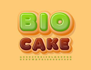 Vector healthy concept Bio Cake. Green glazed Font. Creative sweet Alphabet Letters and Numbers set