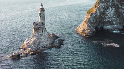 The abandoned lighthouse Aniva in the Sakhalin Island,Russia. Aerial View.
