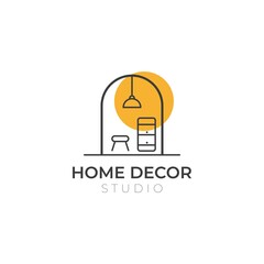 Home decor icon logo with minimalist living room interior and lighting on background.